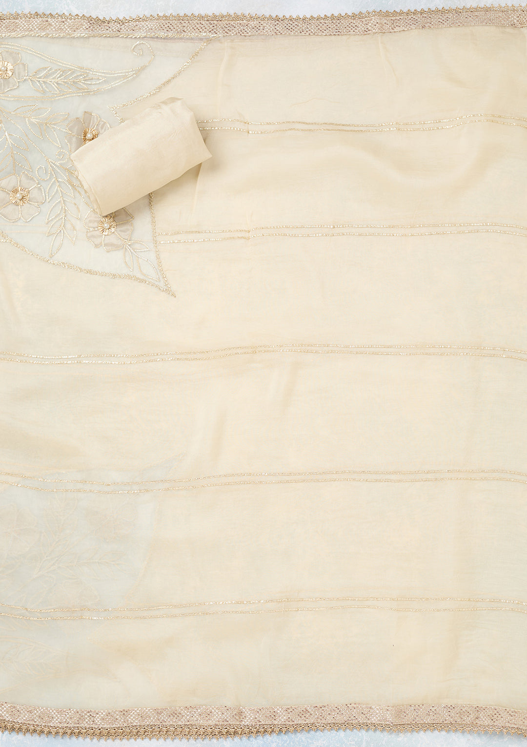 Cream Tissue Gold Zariwork Unstitched Dress Material With Matching Bottom And Dupatta