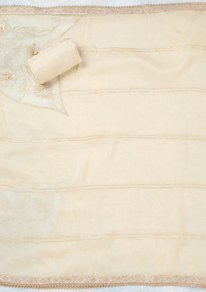 Cream Tissue Gold Zariwork Unstitched Dress Material With Matching Bottom And Dupatta