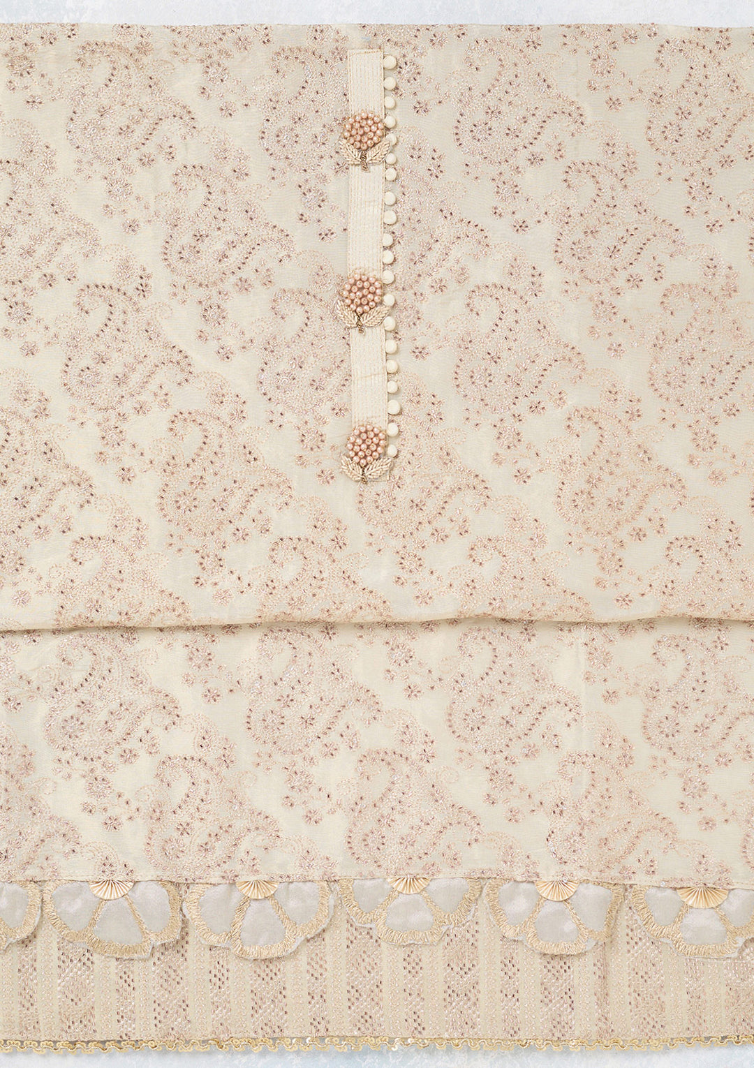 Cream Tissue Gold Zariwork Unstitched Dress Material With Matching Bottom And Dupatta
