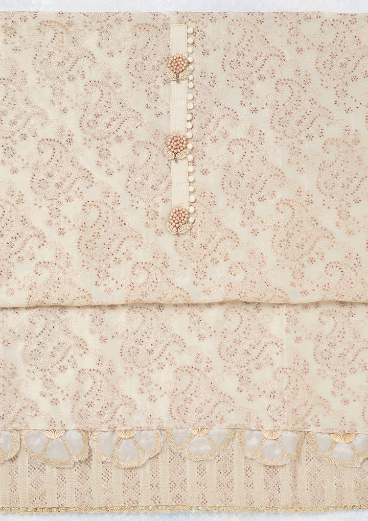 Cream Tissue Gold Zariwork Unstitched Dress Material With Matching Bottom And Dupatta