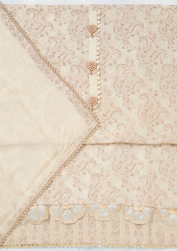 Cream Tissue Gold Zariwork Unstitched Dress Material With Matching Bottom And Dupatta