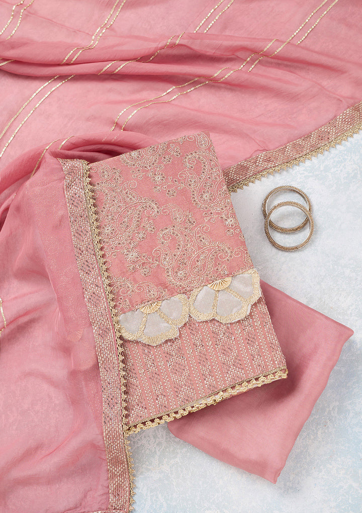Onion Pink Tissue Gold Zariwork Unstitched Dress Material With Matching Bottom And Dupatta