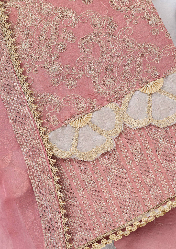 Onion Pink Tissue Gold Zariwork Unstitched Dress Material With Matching Bottom And Dupatta
