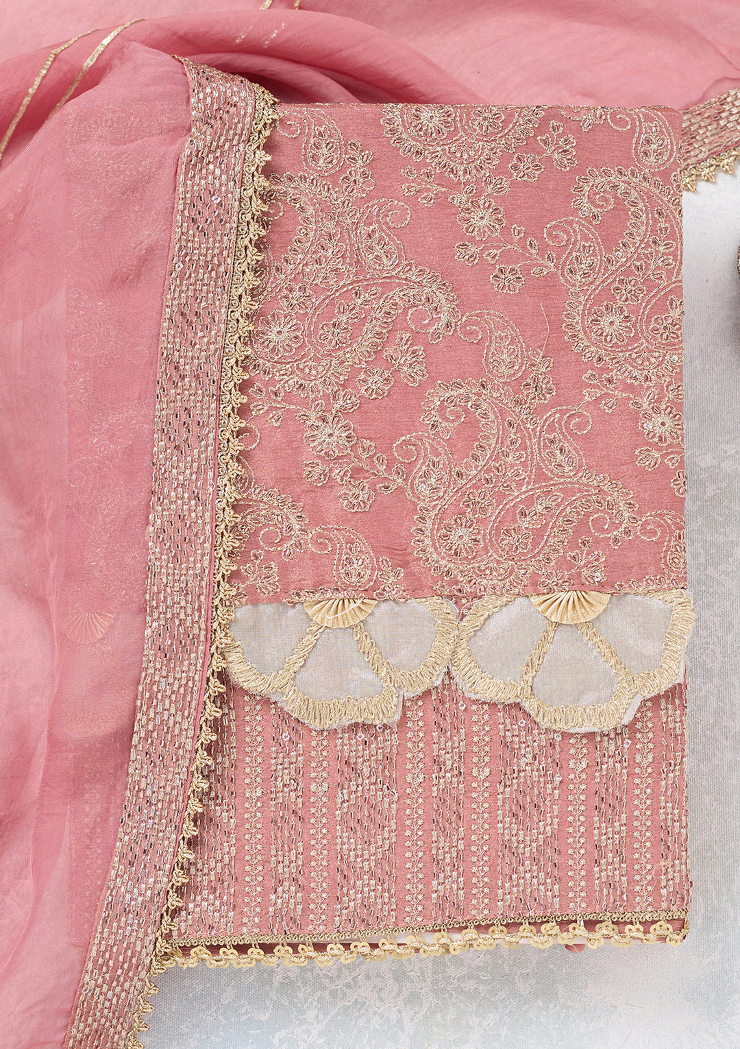 Onion Pink Tissue Gold Zariwork Unstitched Dress Material With Matching Bottom And Dupatta