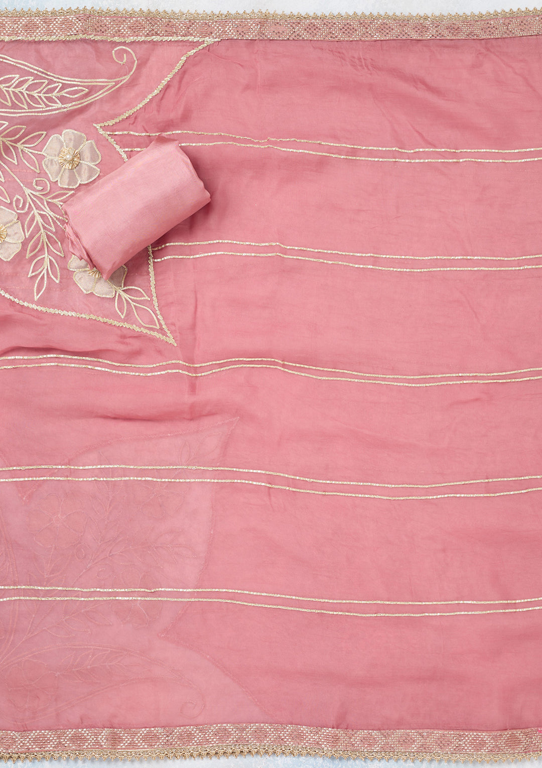 Onion Pink Tissue Gold Zariwork Unstitched Dress Material With Matching Bottom And Dupatta
