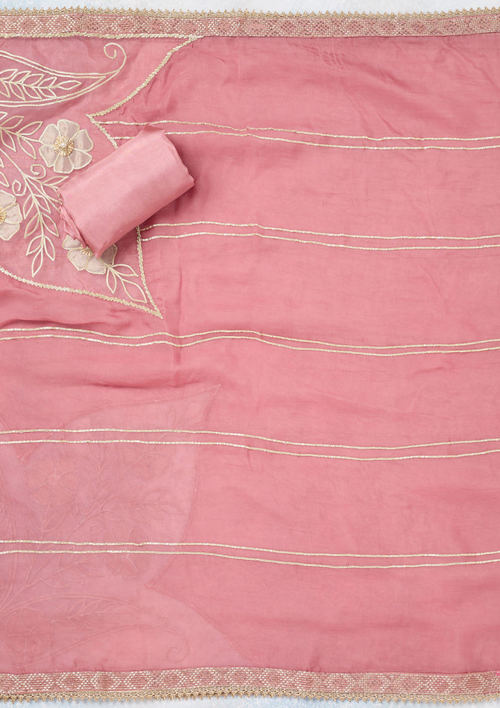 Onion Pink Tissue Gold Zariwork Unstitched Dress Material With Matching Bottom And Dupatta