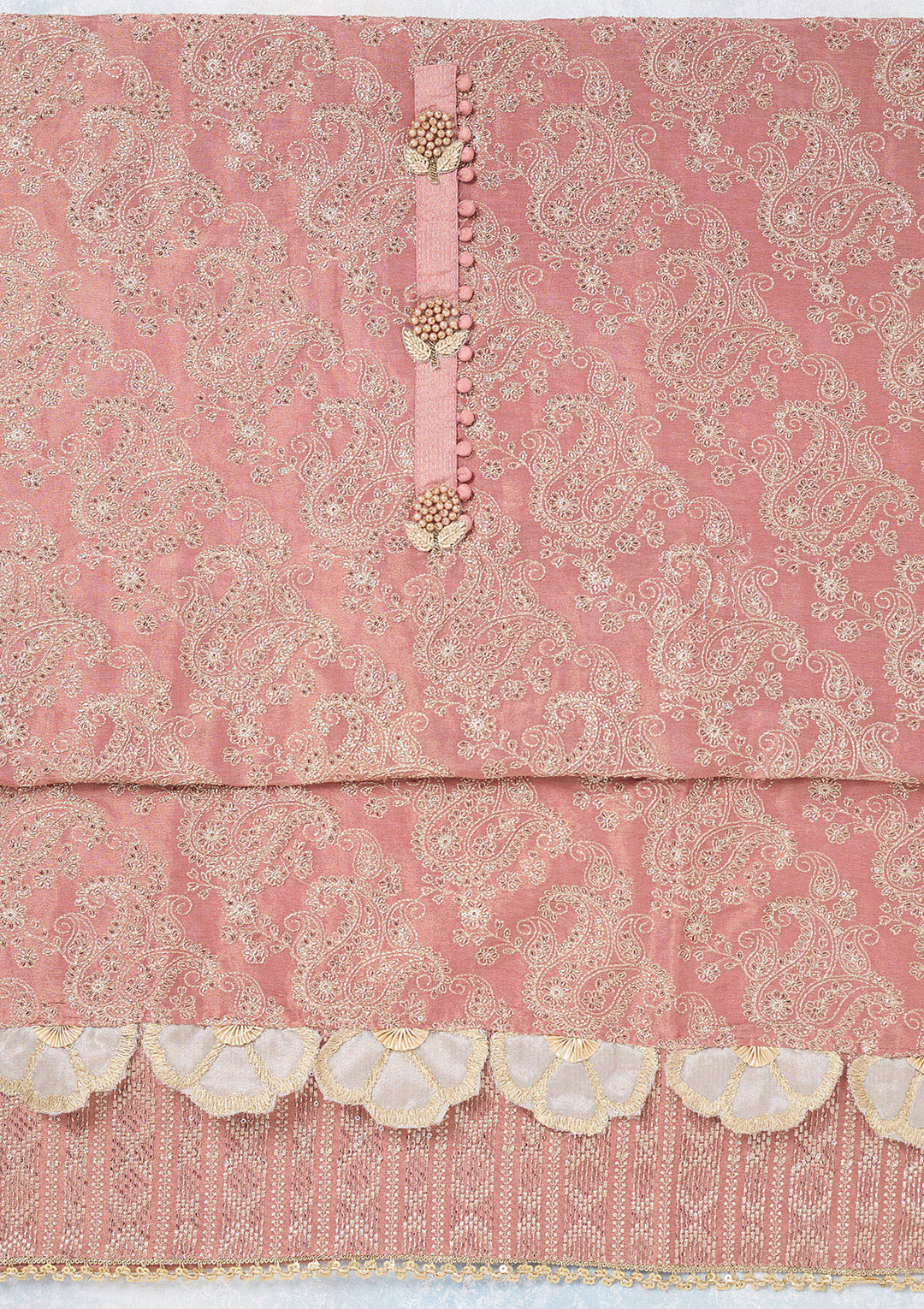 Onion Pink Tissue Gold Zariwork Unstitched Dress Material With Matching Bottom And Dupatta