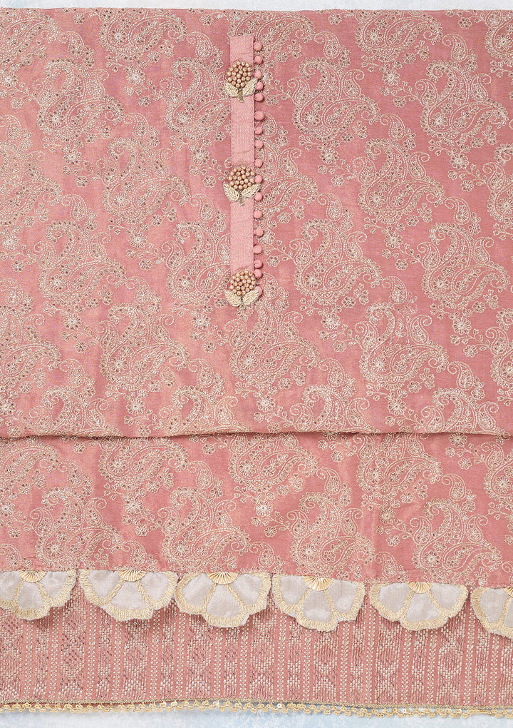 Onion Pink Tissue Gold Zariwork Unstitched Dress Material With Matching Bottom And Dupatta