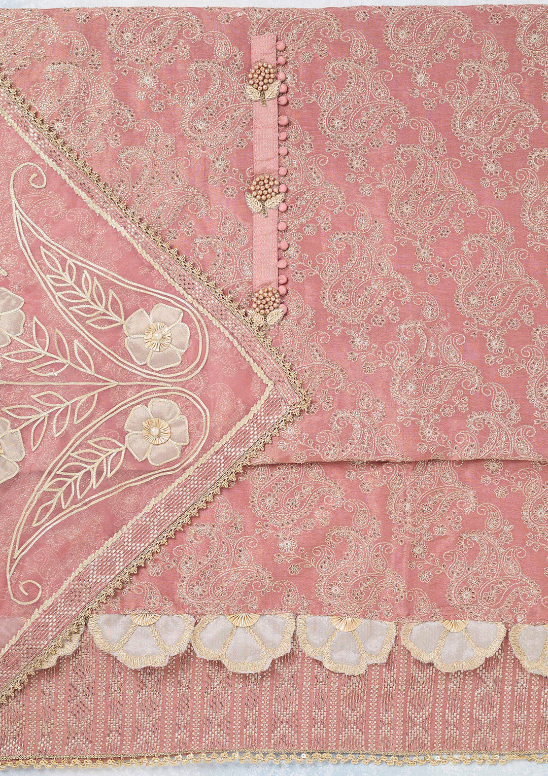Onion Pink Tissue Gold Zariwork Unstitched Dress Material With Matching Bottom And Dupatta