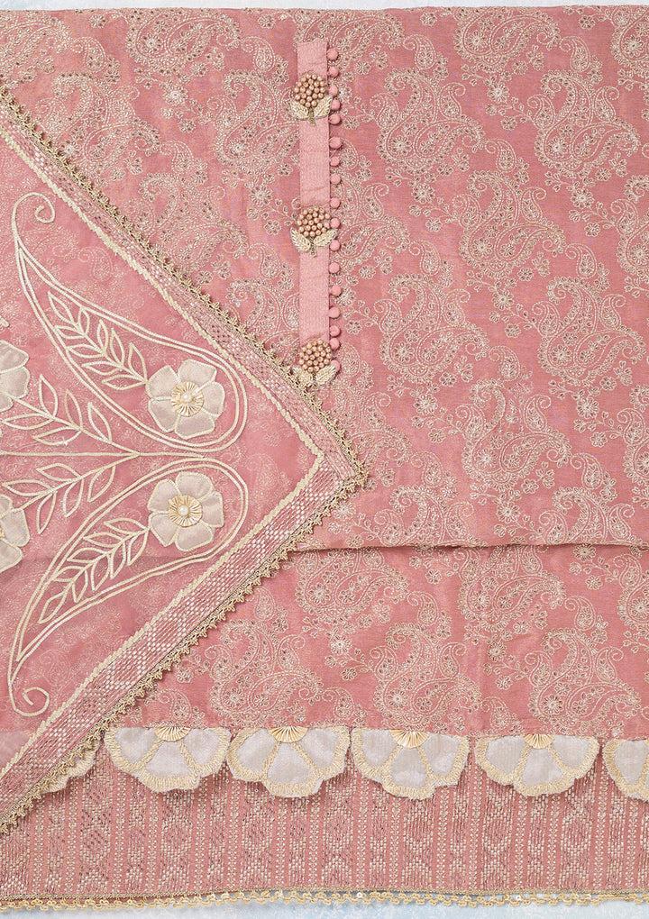Onion Pink Tissue Gold Zariwork Unstitched Dress Material With Matching Bottom And Dupatta