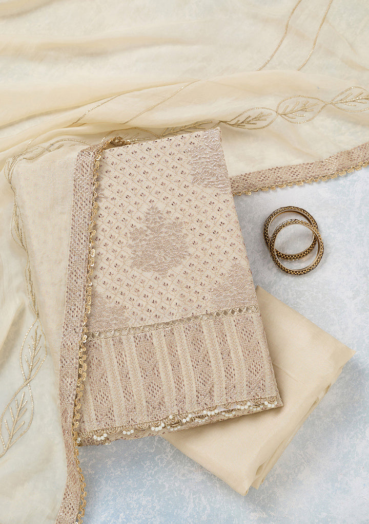Cream Tissue Gold Zariwork Unstitched Dress Material With Matching Bottom And Dupatta