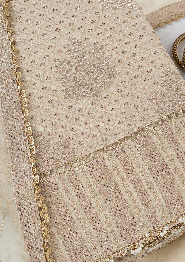 Cream Tissue Gold Zariwork Unstitched Dress Material With Matching Bottom And Dupatta