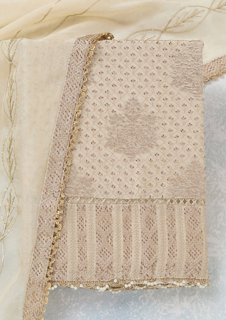 Cream Tissue Gold Zariwork Unstitched Dress Material With Matching Bottom And Dupatta