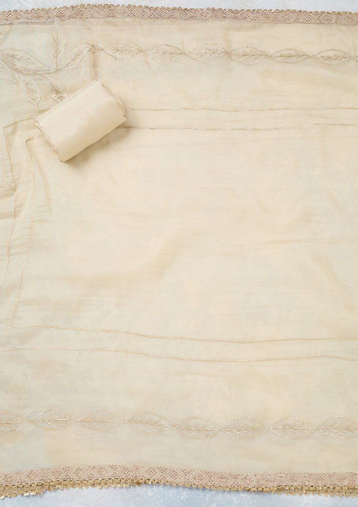Cream Tissue Gold Zariwork Unstitched Dress Material With Matching Bottom And Dupatta