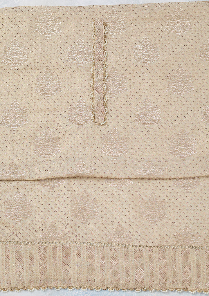 Cream Tissue Gold Zariwork Unstitched Dress Material With Matching Bottom And Dupatta