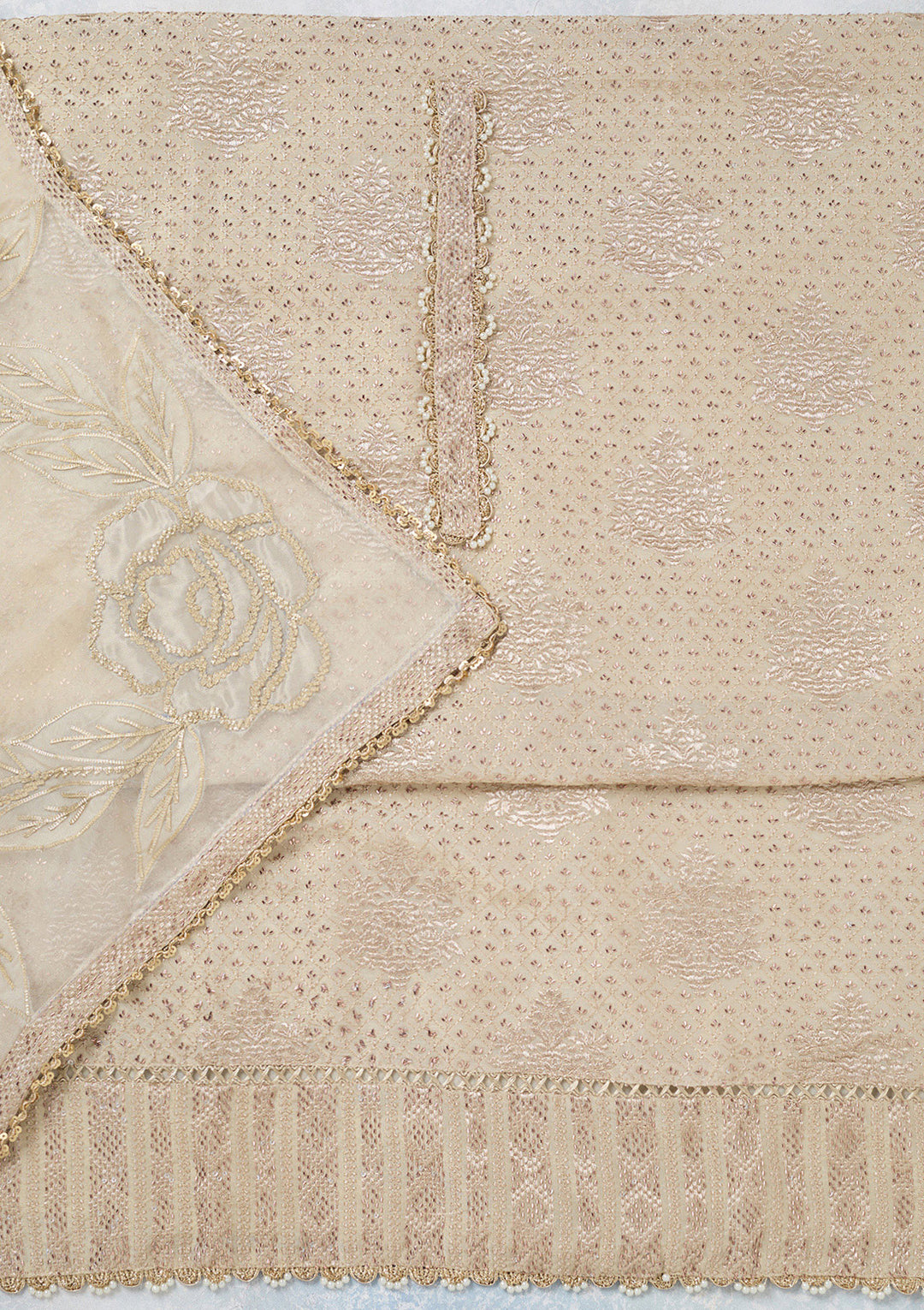 Cream Tissue Gold Zariwork Unstitched Dress Material With Matching Bottom And Dupatta