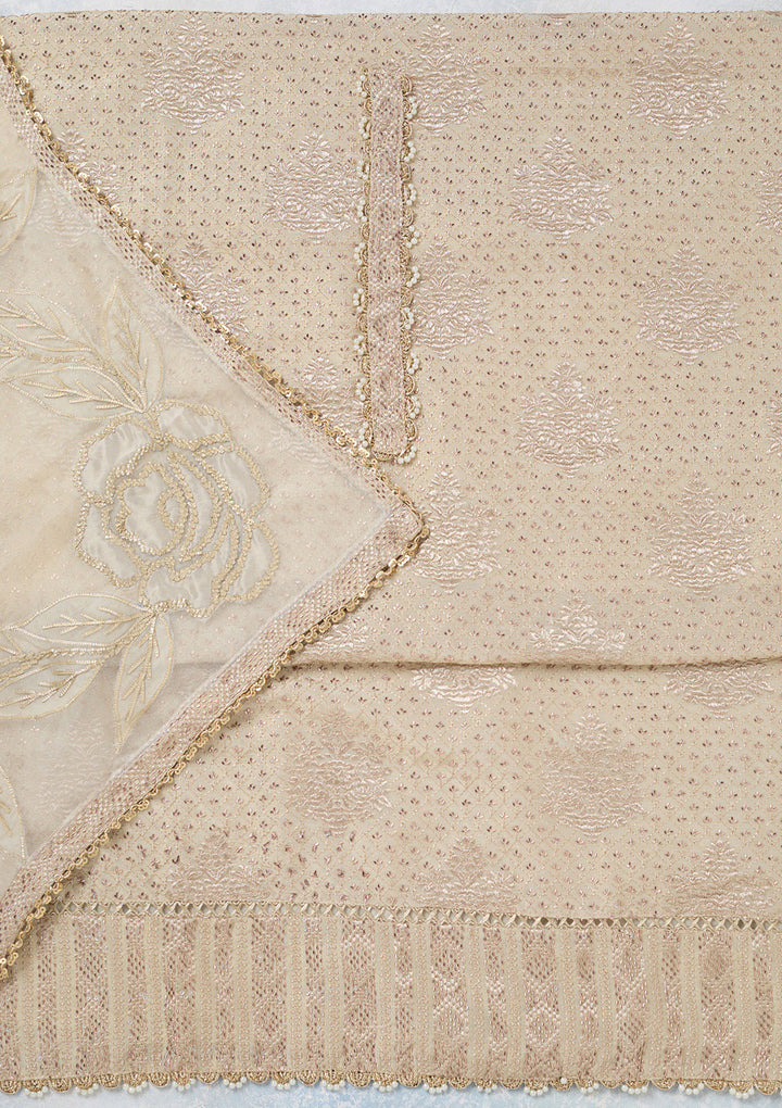 Cream Tissue Gold Zariwork Unstitched Dress Material With Matching Bottom And Dupatta