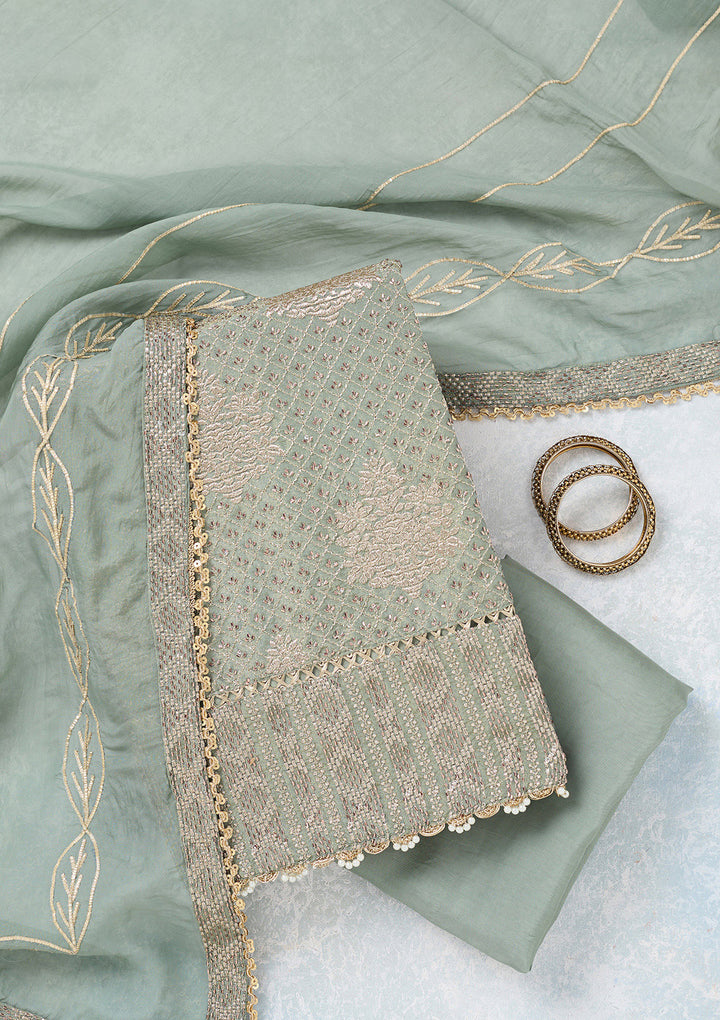 Green Tissue Gold Zariwork Unstitched Dress Material With Matching Bottom And Dupatta