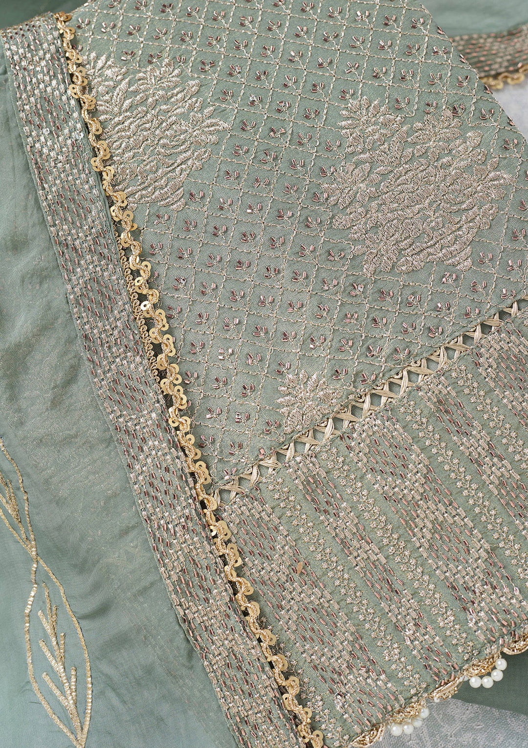 Green Tissue Gold Zariwork Unstitched Dress Material With Matching Bottom And Dupatta