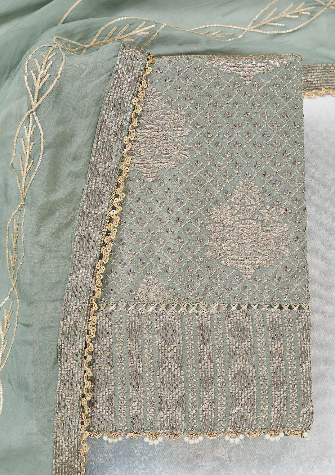 Green Tissue Gold Zariwork Unstitched Dress Material With Matching Bottom And Dupatta