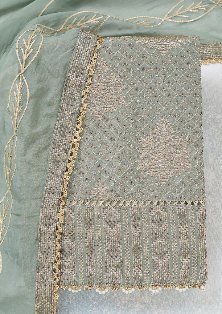 Green Tissue Gold Zariwork Unstitched Dress Material With Matching Bottom And Dupatta