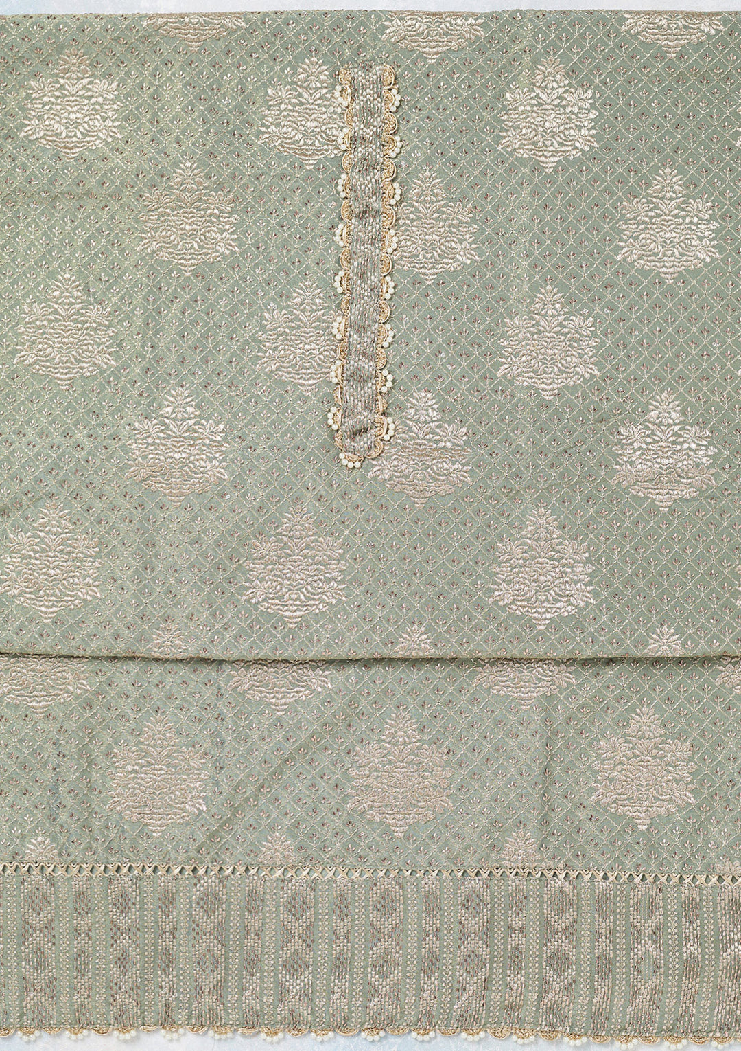 Green Tissue Gold Zariwork Unstitched Dress Material With Matching Bottom And Dupatta