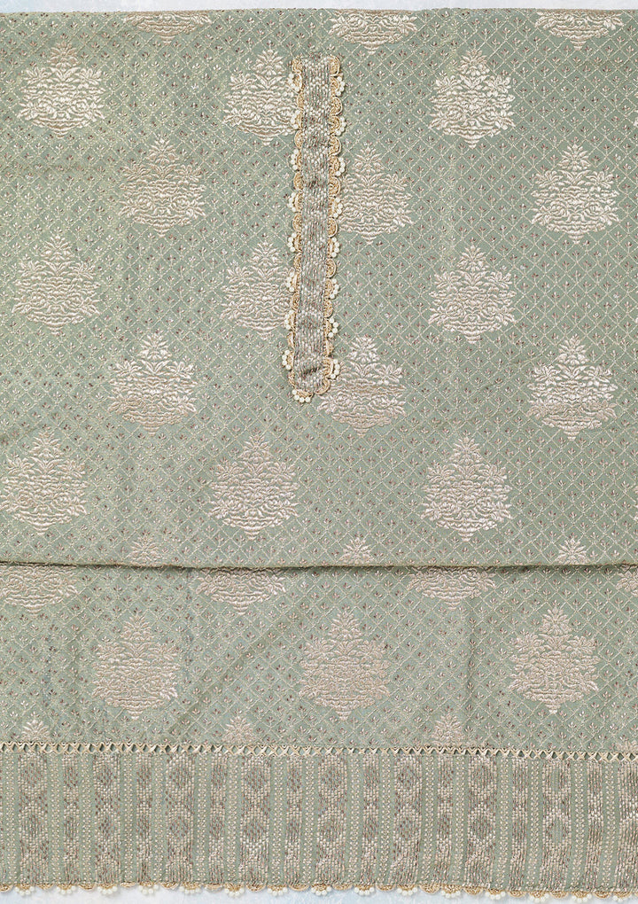 Green Tissue Gold Zariwork Unstitched Dress Material With Matching Bottom And Dupatta