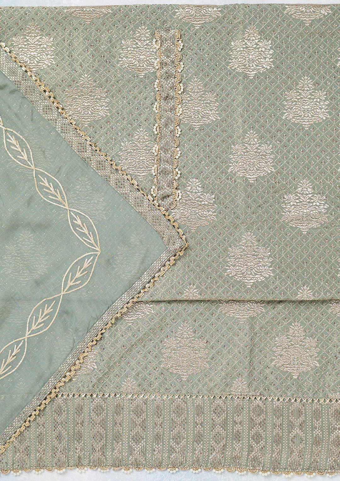 Green Tissue Gold Zariwork Unstitched Dress Material With Matching Bottom And Dupatta