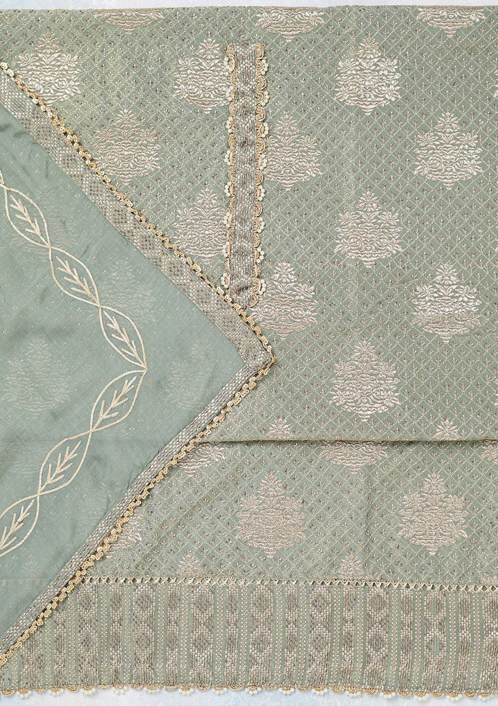 Green Tissue Gold Zariwork Unstitched Dress Material With Matching Bottom And Dupatta