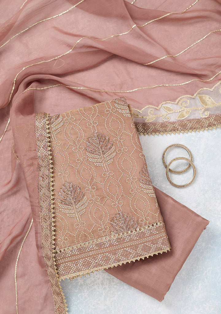 Brown Tissue Gold Zariwork Unstitched Dress Material With Matching Bottom And Dupatta