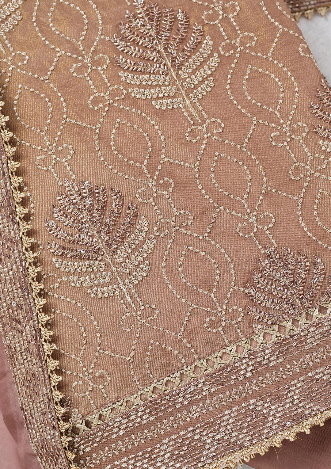 Brown Tissue Gold Zariwork Unstitched Dress Material With Matching Bottom And Dupatta