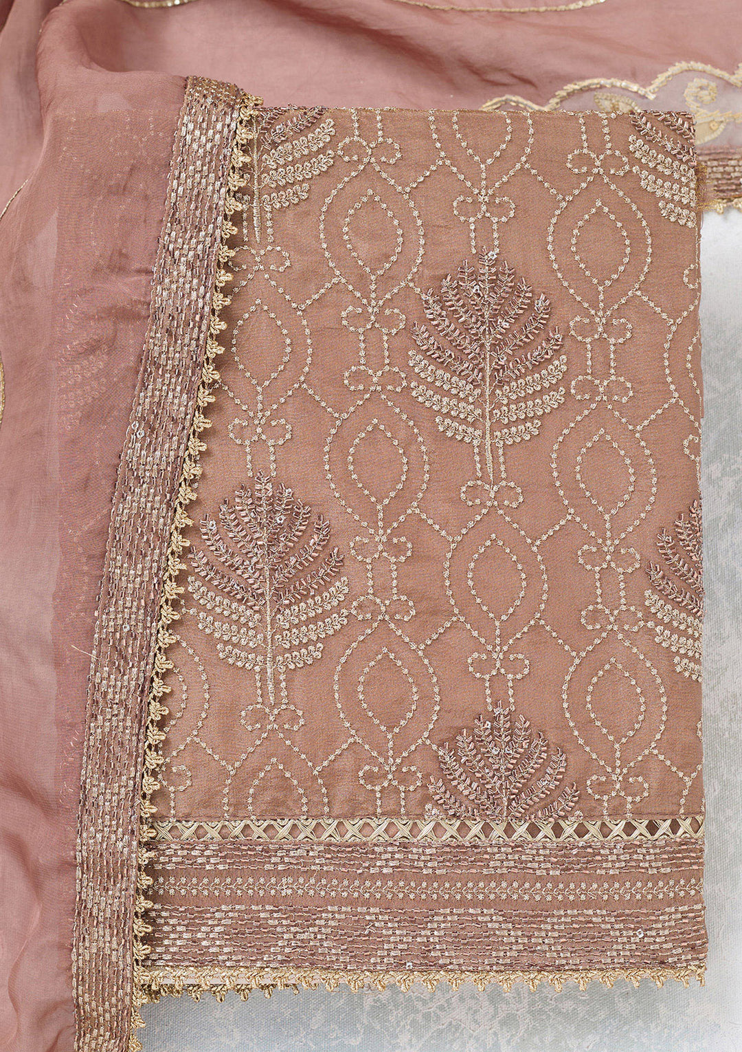 Brown Tissue Gold Zariwork Unstitched Dress Material With Matching Bottom And Dupatta