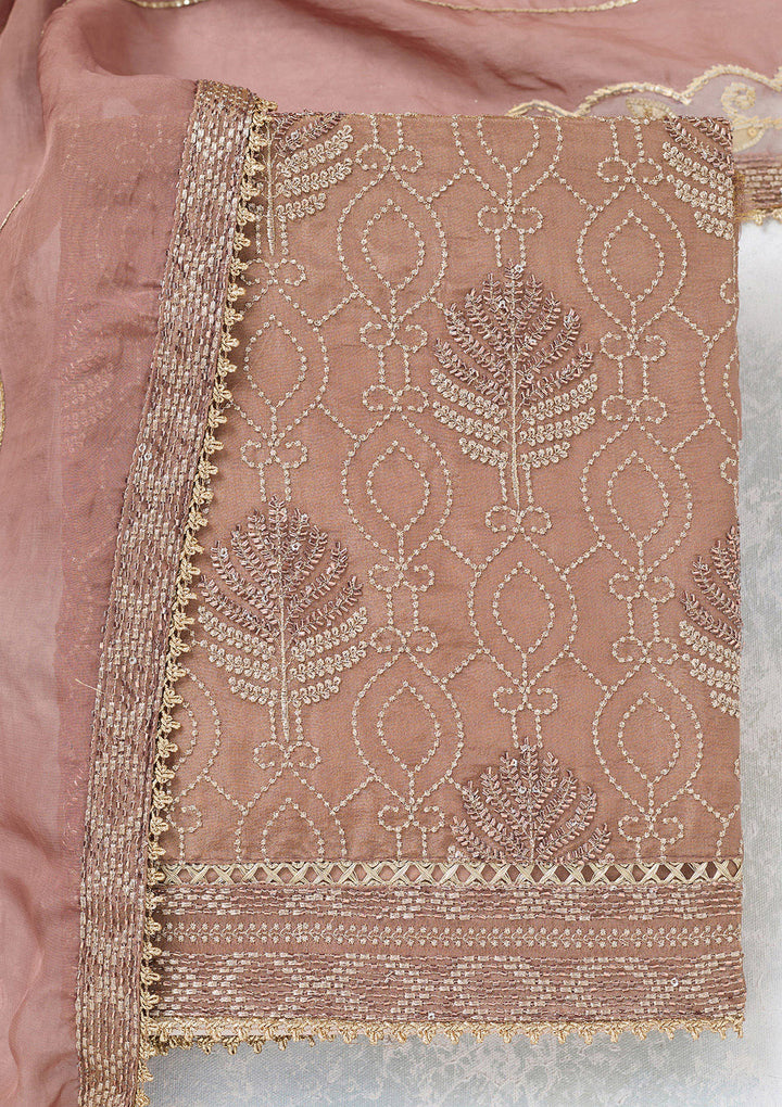 Brown Tissue Gold Zariwork Unstitched Dress Material With Matching Bottom And Dupatta