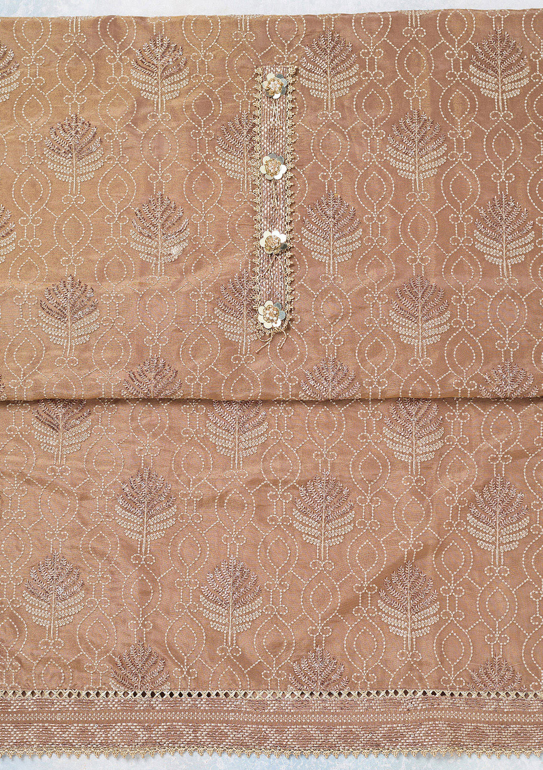 Brown Tissue Gold Zariwork Unstitched Dress Material With Matching Bottom And Dupatta