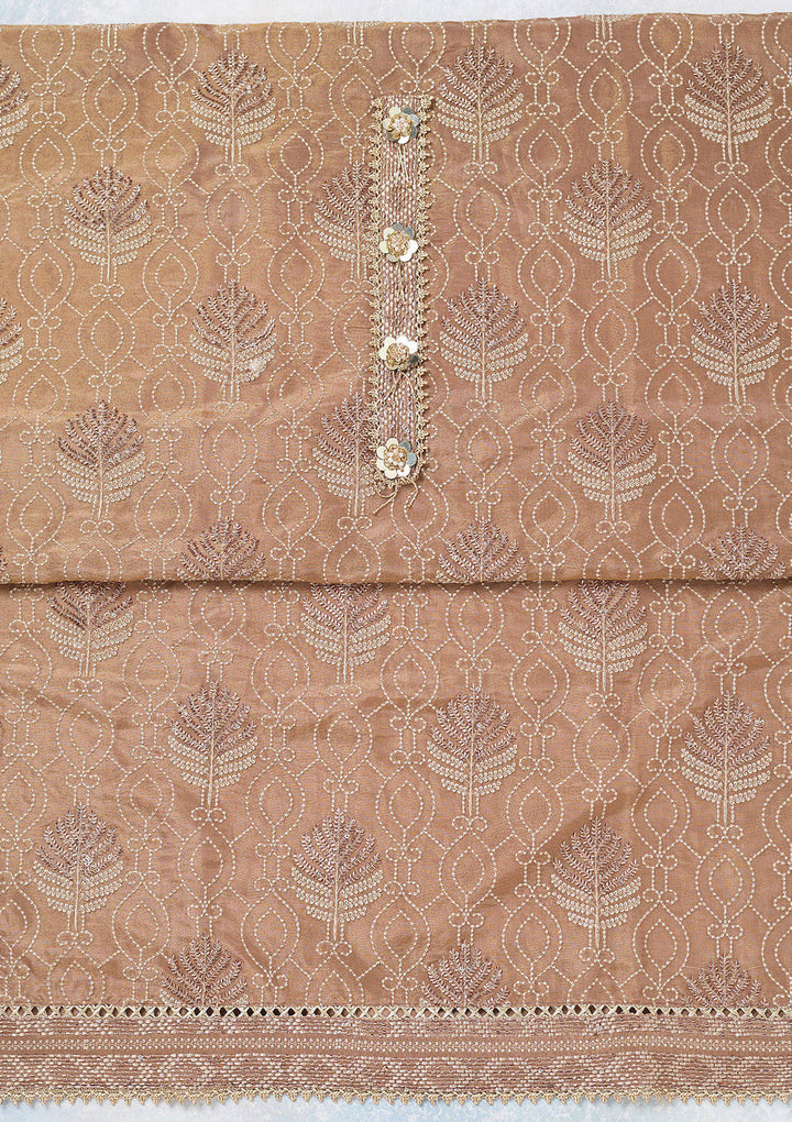 Brown Tissue Gold Zariwork Unstitched Dress Material With Matching Bottom And Dupatta