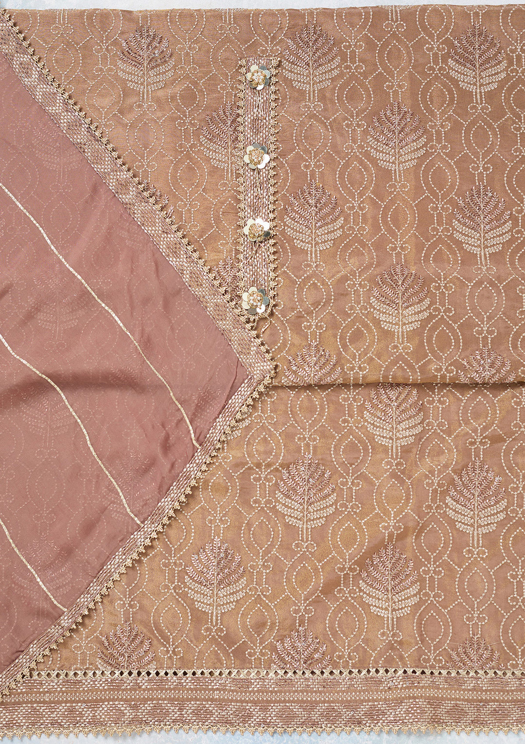 Brown Tissue Gold Zariwork Unstitched Dress Material With Matching Bottom And Dupatta