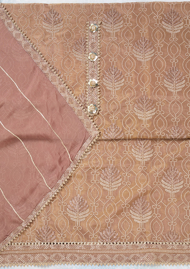 Brown Tissue Gold Zariwork Unstitched Dress Material With Matching Bottom And Dupatta