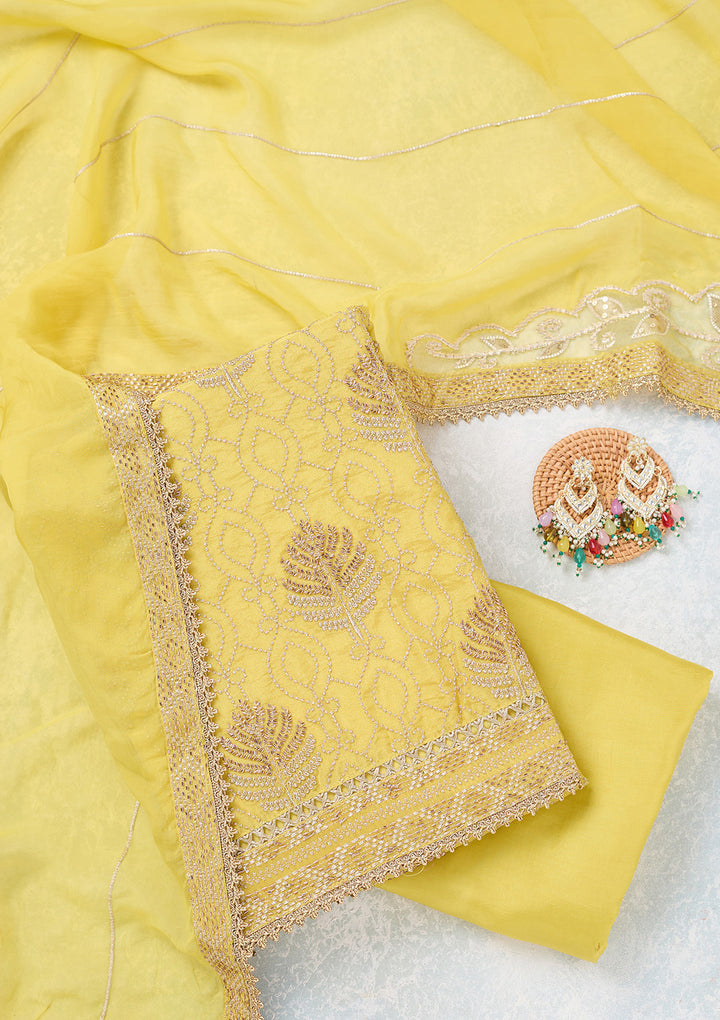 Yellow Tissue Gold Zariwork Unstitched Dress Material With Matching Bottom And Dupatta