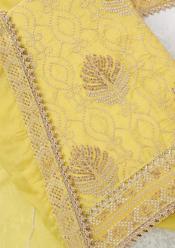 Yellow Tissue Gold Zariwork Unstitched Dress Material With Matching Bottom And Dupatta