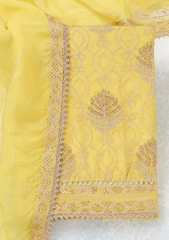 Yellow Tissue Gold Zariwork Unstitched Dress Material With Matching Bottom And Dupatta