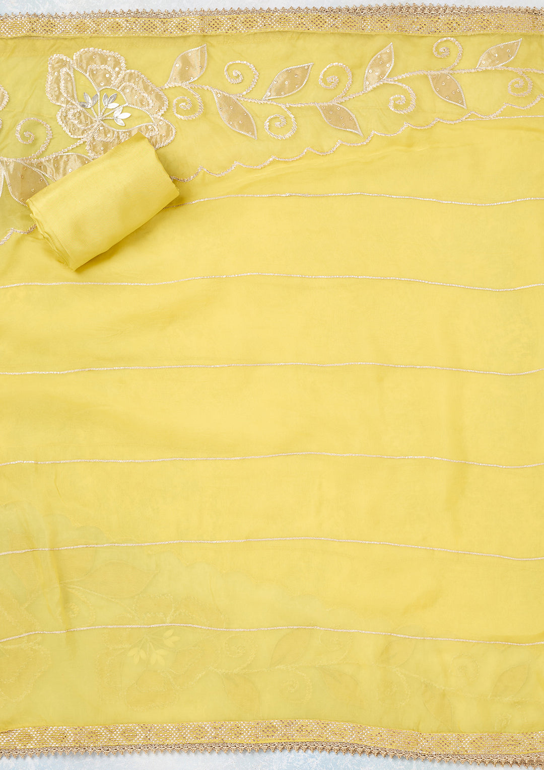 Yellow Tissue Gold Zariwork Unstitched Dress Material With Matching Bottom And Dupatta