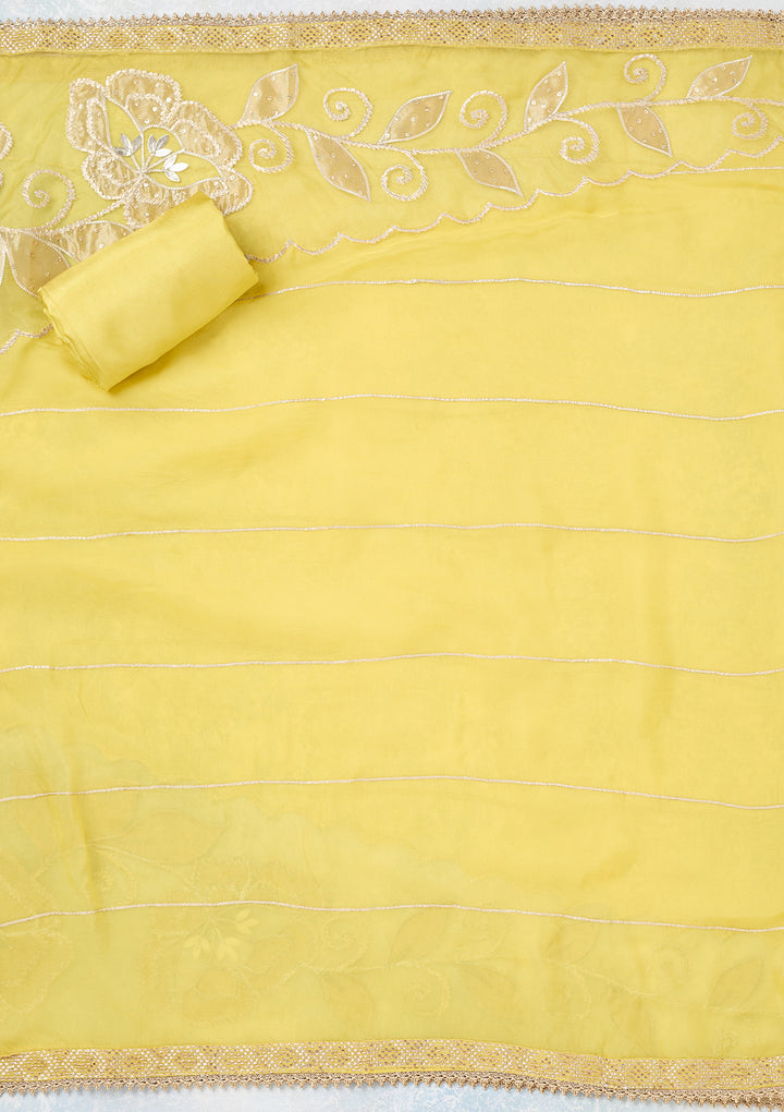 Yellow Tissue Gold Zariwork Unstitched Dress Material With Matching Bottom And Dupatta