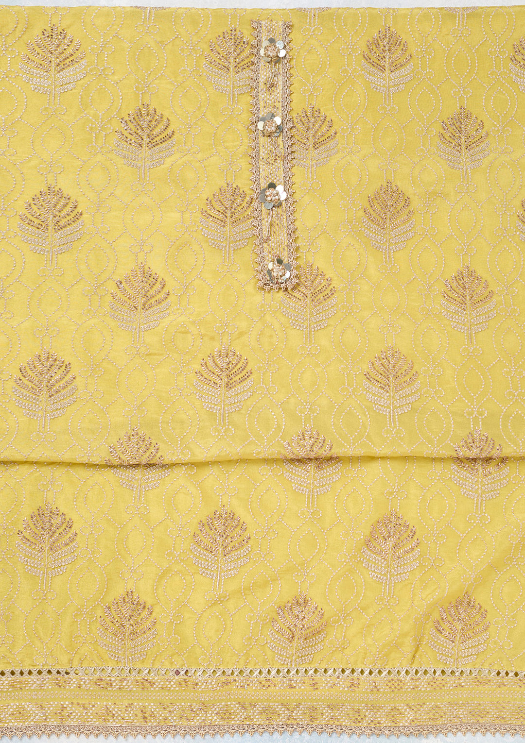 Yellow Tissue Gold Zariwork Unstitched Dress Material With Matching Bottom And Dupatta
