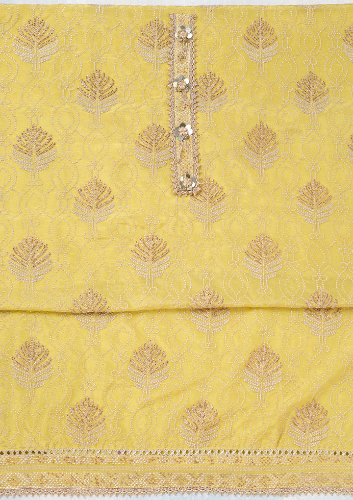 Yellow Tissue Gold Zariwork Unstitched Dress Material With Matching Bottom And Dupatta
