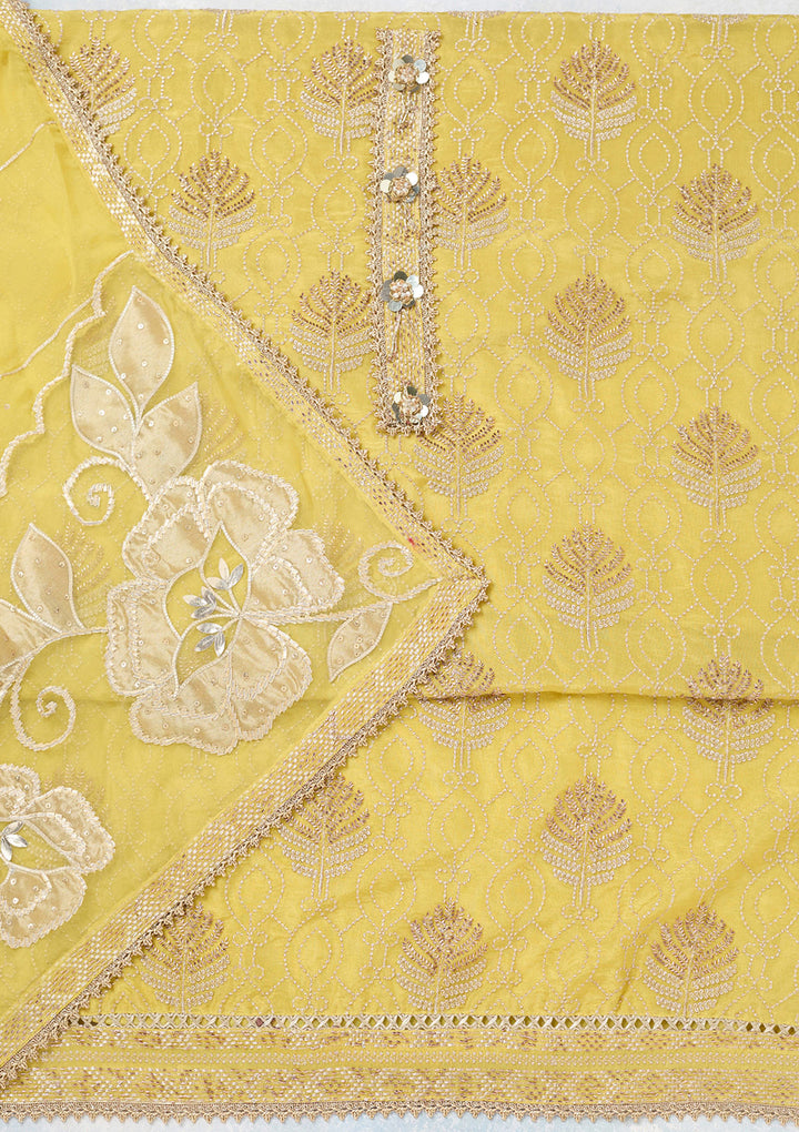 Yellow Tissue Gold Zariwork Unstitched Dress Material With Matching Bottom And Dupatta