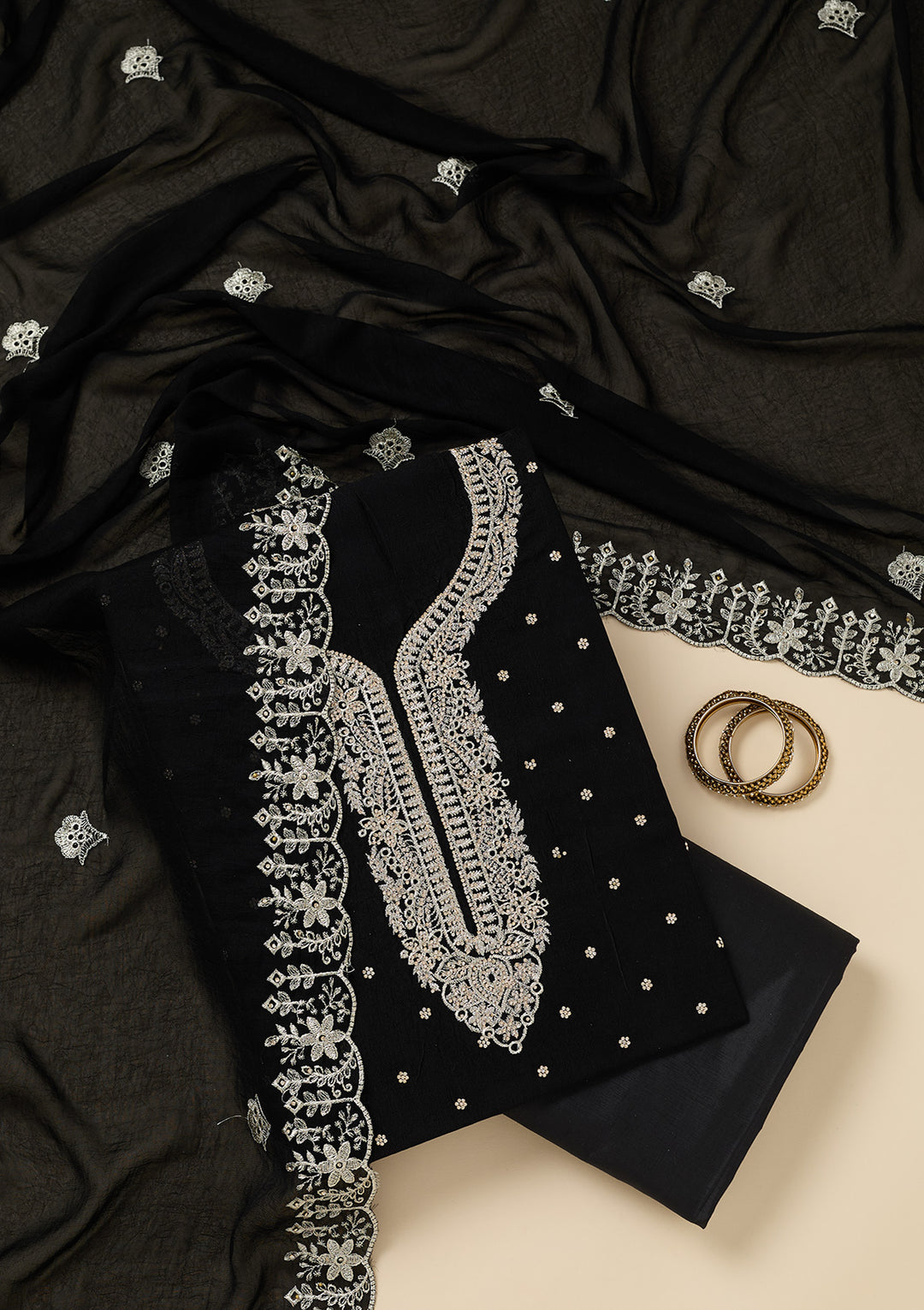 Black Soft Raw Silk Gold Zariwork Unstitched Dress Material With Matching Bottom And Dupatta