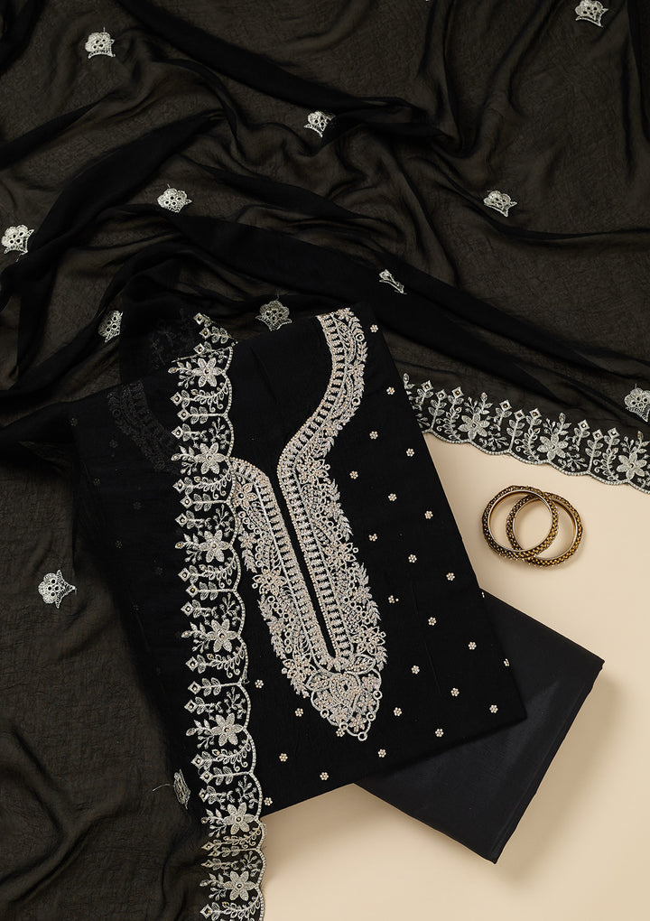 Black Soft Raw Silk Gold Zariwork Unstitched Dress Material With Matching Bottom And Dupatta