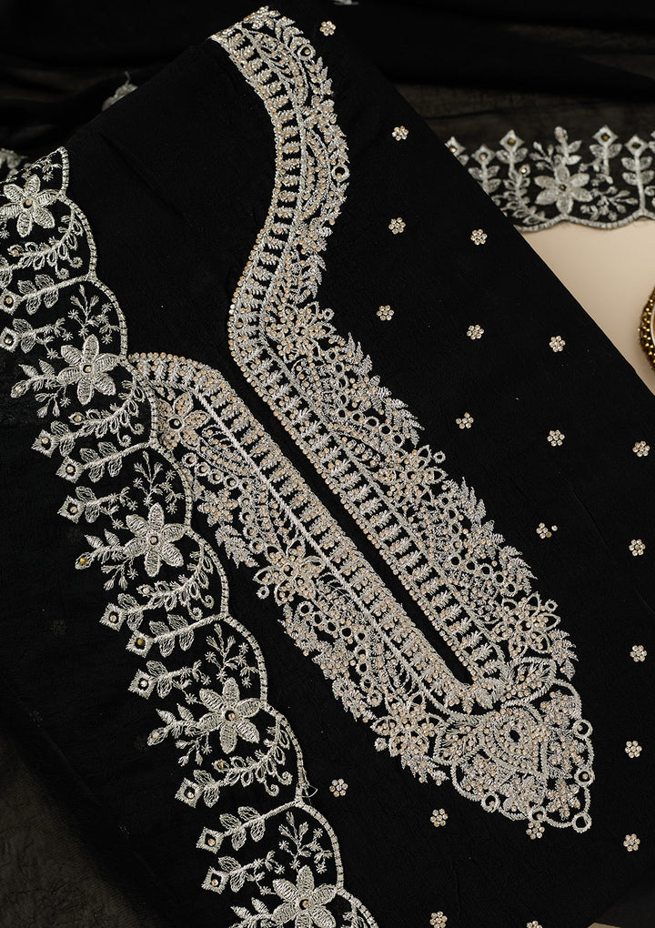 Black Soft Raw Silk Gold Zariwork Unstitched Dress Material With Matching Bottom And Dupatta