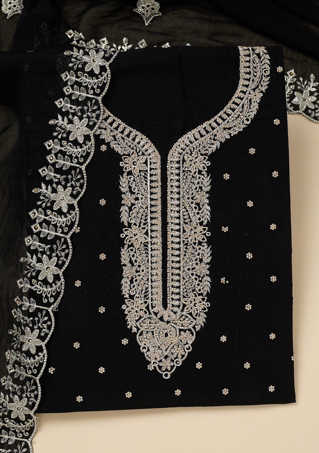 Black Soft Raw Silk Gold Zariwork Unstitched Dress Material With Matching Bottom And Dupatta