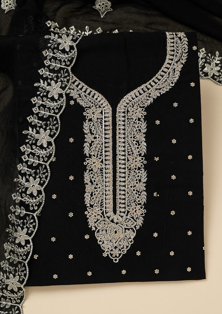 Black Soft Raw Silk Gold Zariwork Unstitched Dress Material With Matching Bottom And Dupatta